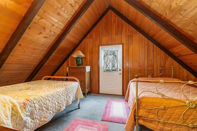 bedroom featuring wooden walls, lofted ceiling with beams, wood ceiling, and carpet