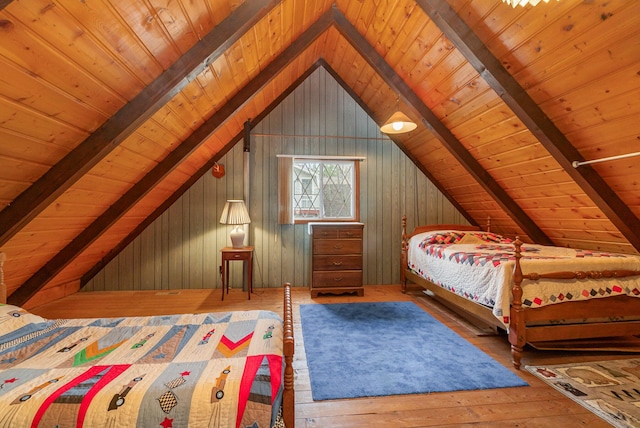 bedroom featuring wood walls, wooden ceiling, vaulted ceiling with beams, and hardwood / wood-style flooring