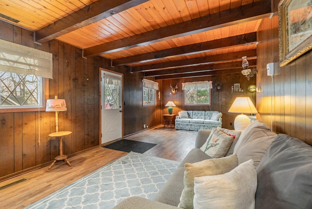 living room featuring wood finished floors, wooden walls, wooden ceiling, and beamed ceiling