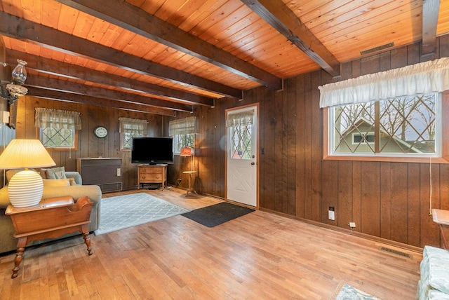 living room featuring wood walls, visible vents, beam ceiling, and hardwood / wood-style flooring