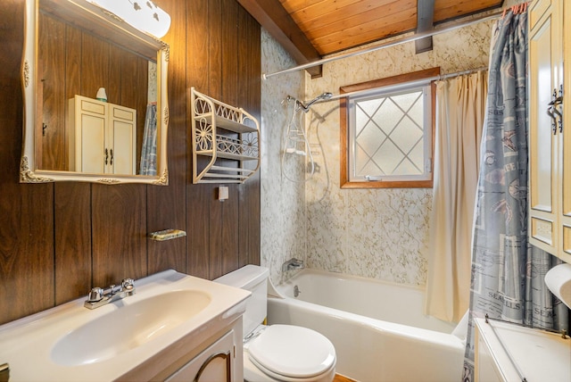 full bath with vanity, wood ceiling, shower / bath combo, and toilet