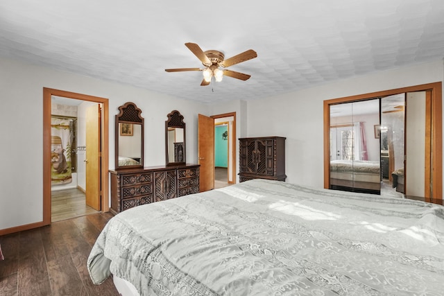 321 Greenleaf Dr, Houghton Lake, MI 48629 - bedroom with a closet, wood finished floors, baseboards, ceiling fan, and ensuite bath