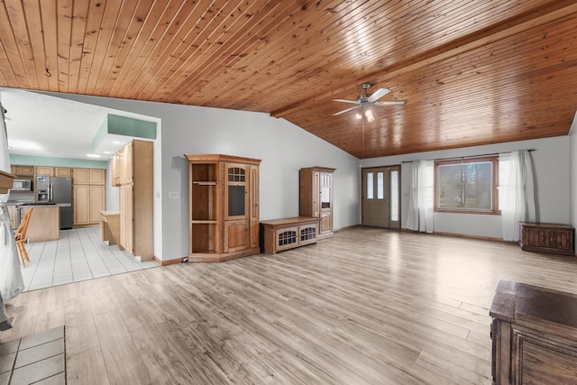 321 Greenleaf Dr, Houghton Lake, MI 48629 - unfurnished living room with wooden ceiling, ceiling fan, vaulted ceiling, and light wood finished floors