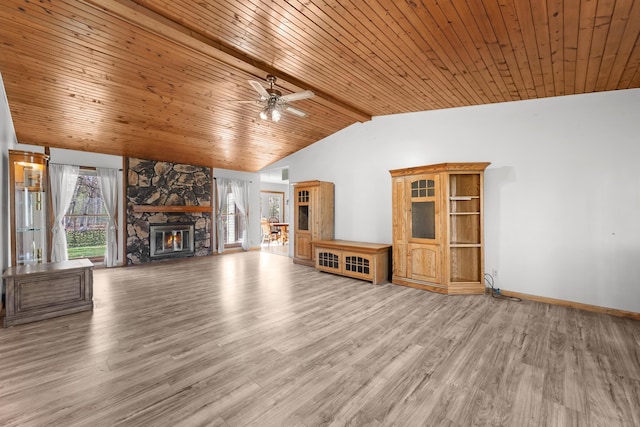 321 Greenleaf Dr, Houghton Lake, MI 48629 - unfurnished living room with wood ceiling, a ceiling fan, a fireplace, wood finished floors, and vaulted ceiling with beams
