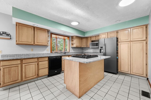 321 Greenleaf Dr, Houghton Lake, MI 48629 - kitchen with open shelves, a sink, a textured ceiling, visible vents, and black appliances