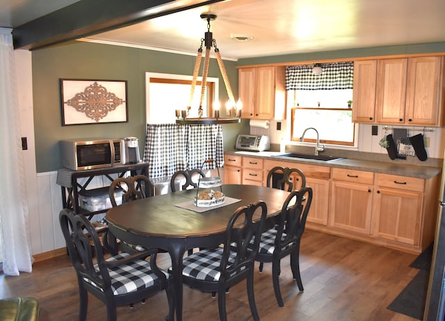 dining room with dark wood finished floors, wainscoting, and a toaster