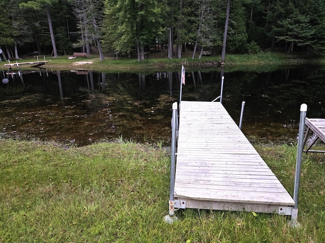 dock area featuring a forest view and a water view