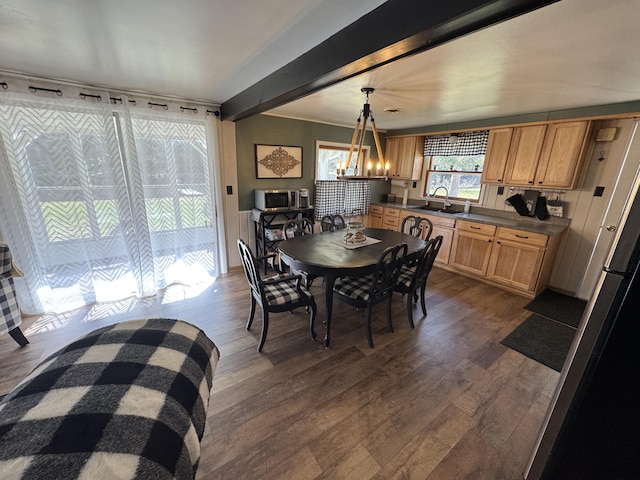 dining space with an inviting chandelier and dark wood finished floors