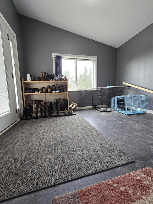 living room featuring lofted ceiling