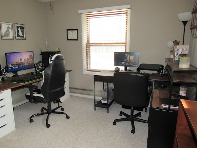 office with light colored carpet, baseboards, and baseboard heating