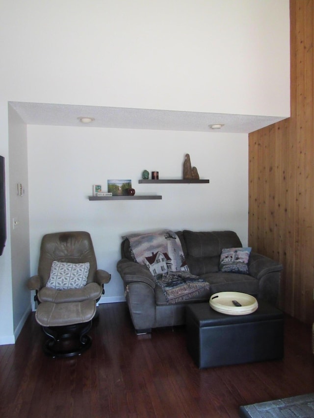 living room featuring wood finished floors and wooden walls