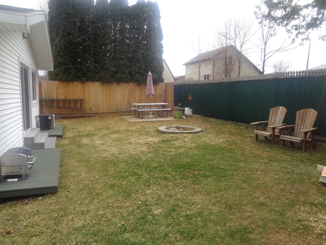 view of yard with fence private yard and an outdoor fire pit