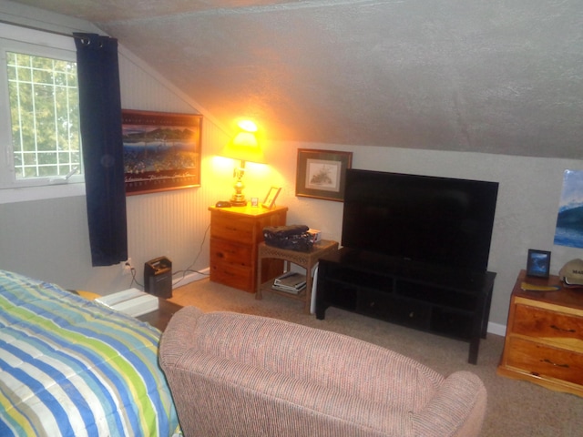 carpeted bedroom with a textured ceiling and vaulted ceiling