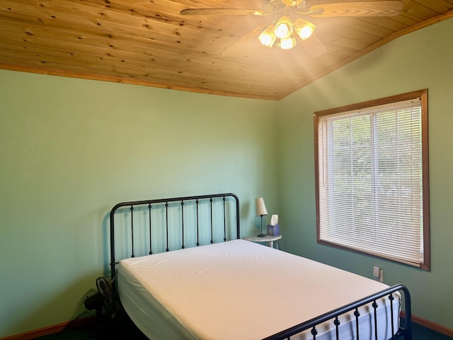 bedroom with baseboards, wood ceiling, and lofted ceiling