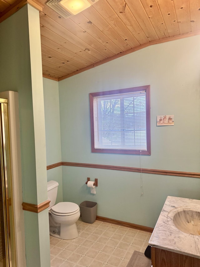 bathroom with crown molding, toilet, and wooden ceiling