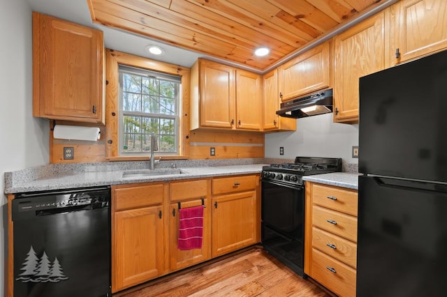 kitchen featuring a sink, light wood-style flooring, under cabinet range hood, wood ceiling, and black appliances