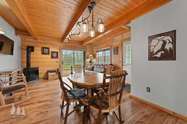 dining area with light wood-style floors, a wood stove, wood ceiling, and beamed ceiling