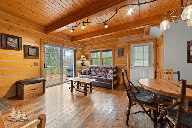 living room with wood-type flooring, track lighting, beam ceiling, wooden walls, and wood ceiling