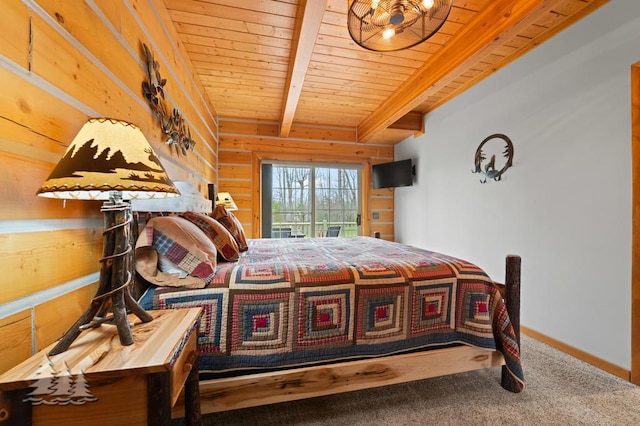 carpeted bedroom with wood ceiling, baseboards, wood walls, and beam ceiling