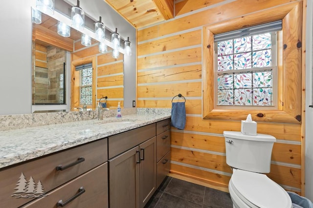 bathroom featuring wooden walls, tile patterned flooring, vanity, toilet, and wooden ceiling