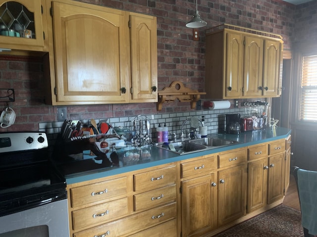 kitchen featuring a sink, decorative backsplash, and stainless steel range with electric cooktop