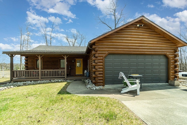log home with a front lawn, an attached garage, log siding, a porch, and driveway