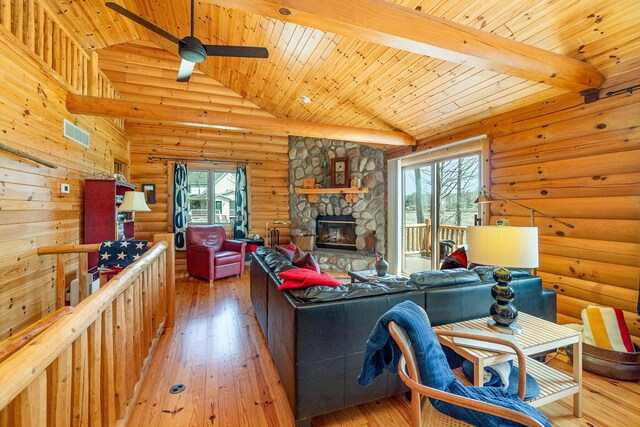 living room featuring wooden ceiling, rustic walls, hardwood / wood-style floors, and visible vents