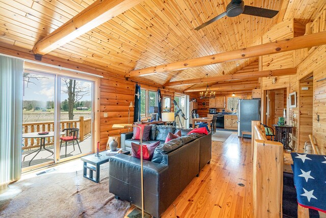 living area with visible vents, lofted ceiling with beams, wooden ceiling, and ceiling fan with notable chandelier