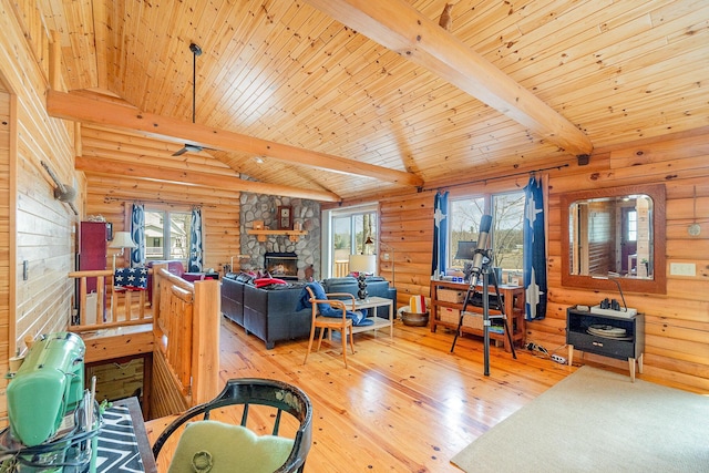 living room featuring lofted ceiling with beams, log walls, and hardwood / wood-style floors