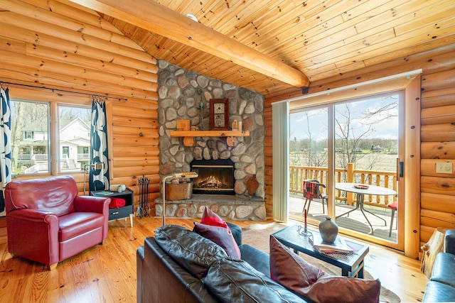 living area with wood-type flooring, rustic walls, lofted ceiling with beams, and wooden ceiling