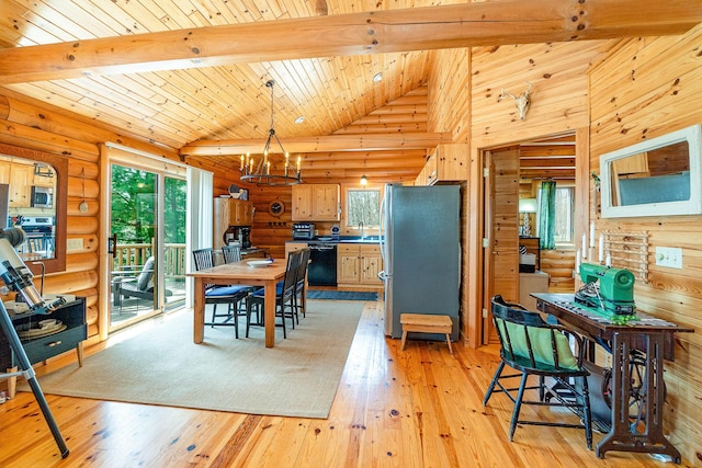 dining space featuring a notable chandelier, log walls, light wood-style flooring, beamed ceiling, and wood ceiling