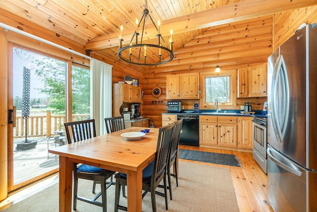 dining area with an inviting chandelier, log walls, light wood-style floors, wood ceiling, and lofted ceiling with beams