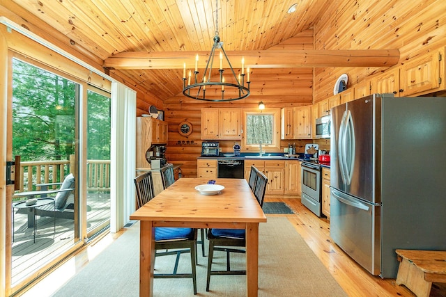 kitchen featuring dark countertops, wooden ceiling, a sink, light wood finished floors, and stainless steel appliances