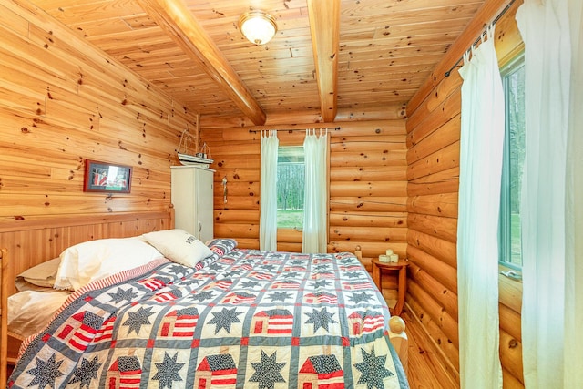 bedroom with wood ceiling, rustic walls, and beam ceiling