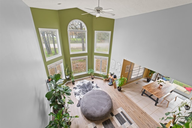 1406 Opal Lake Rd, Gaylord, MI 49735 - living area with a ceiling fan, high vaulted ceiling, and wood finished floors