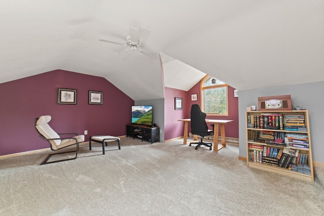 1406 Opal Lake Rd, Gaylord, MI 49735 - carpeted office space featuring vaulted ceiling, ceiling fan, and baseboards