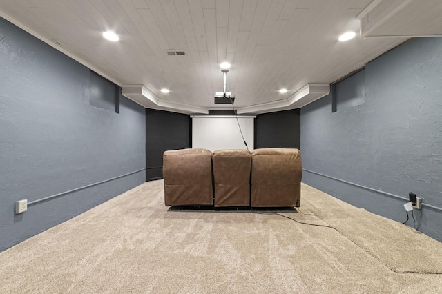 1406 Opal Lake Rd, Gaylord, MI 49735 - carpeted cinema room with a textured wall, recessed lighting, and wood ceiling