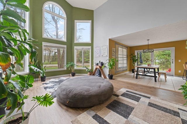 1406 Opal Lake Rd, Gaylord, MI 49735 - living room featuring high vaulted ceiling, wood finished floors, a chandelier, and baseboards