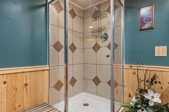 6075 W Edgar St, Pellston, MI 49769 - bathroom with a stall shower and wainscoting