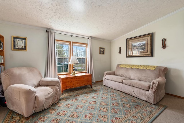 6075 W Edgar St, Pellston, MI 49769 - living room featuring a textured ceiling, carpet, vaulted ceiling, crown molding, and baseboards