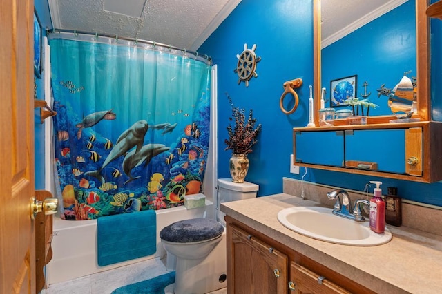 6075 W Edgar St, Pellston, MI 49769 - bathroom featuring a textured ceiling, shower / bath combination with curtain, toilet, vanity, and ornamental molding