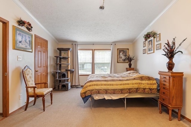 6075 W Edgar St, Pellston, MI 49769 - bedroom with crown molding, light carpet, a textured ceiling, and baseboards