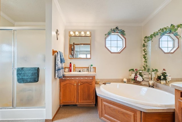 6075 W Edgar St, Pellston, MI 49769 - bathroom with a stall shower, a garden tub, crown molding, and vanity