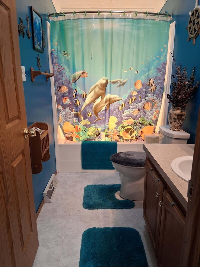 6075 W Edgar St, Pellston, MI 49769 - bathroom with toilet, vanity, and shower / bathtub combination with curtain