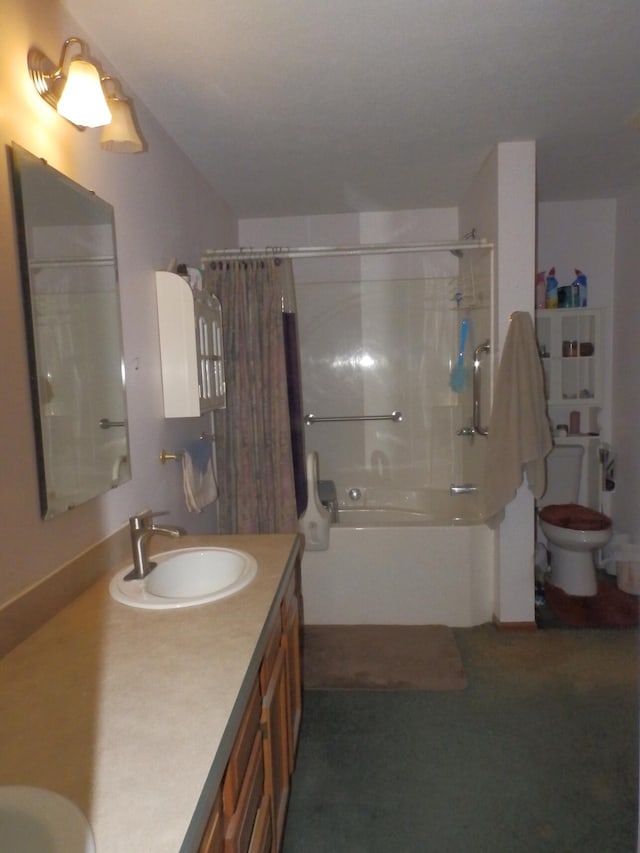 bathroom with shower / bath combination, vanity, and toilet