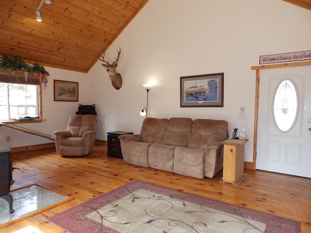 living area with wooden ceiling, baseboards, track lighting, high vaulted ceiling, and hardwood / wood-style flooring