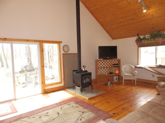 living area featuring a wood stove, wood finished floors, baseboards, and high vaulted ceiling