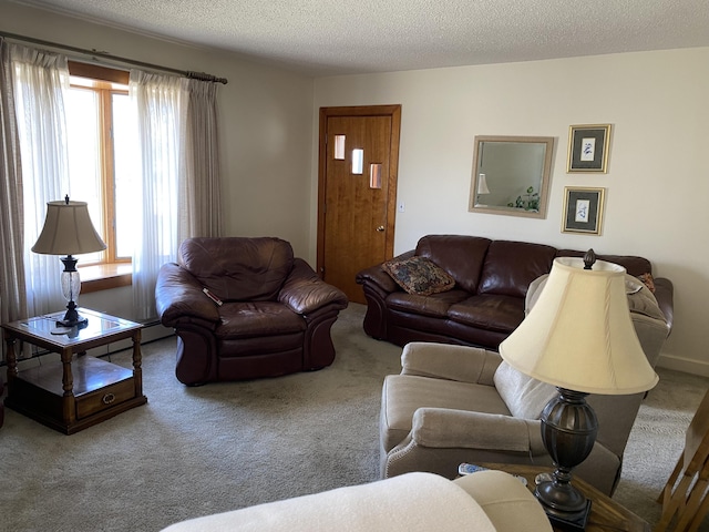 living area featuring a textured ceiling and carpet