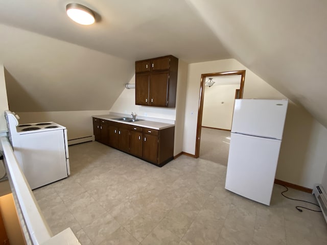 kitchen with white appliances, dark brown cabinetry, a baseboard heating unit, and vaulted ceiling