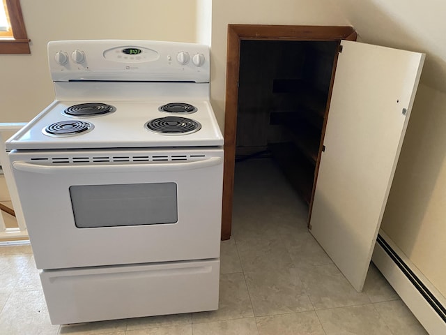 kitchen with white range with electric cooktop, a baseboard heating unit, and light tile patterned floors